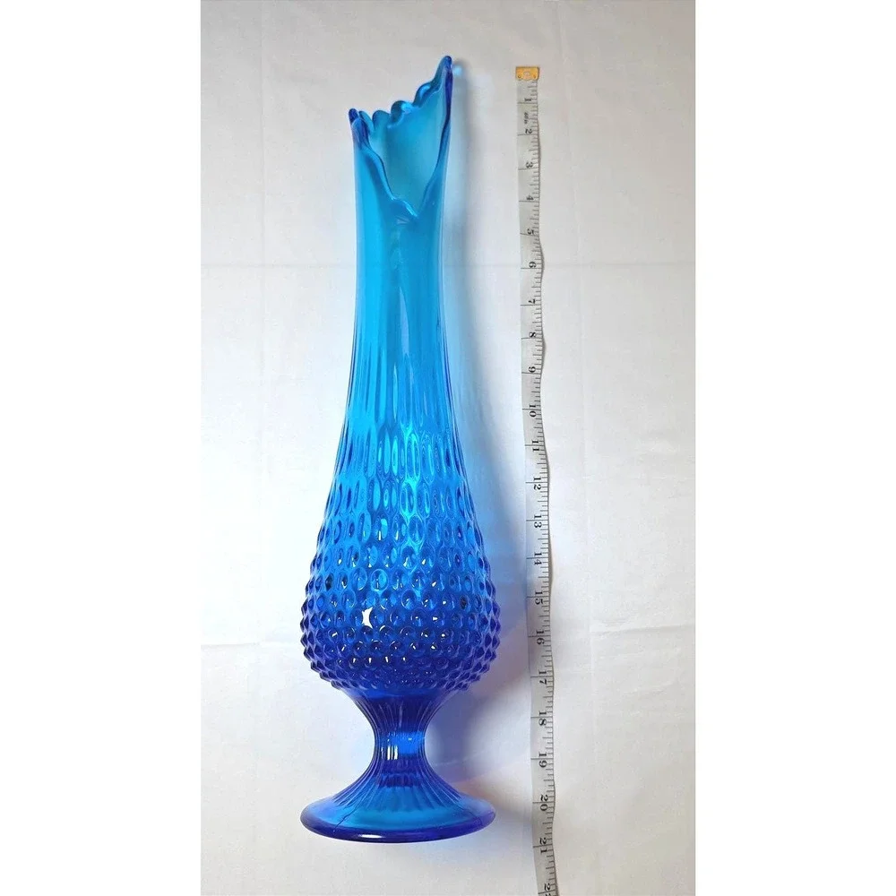 Vintage Blue Hobnail Swung Glass Vase Mid‎ Century Modern Footed 20 Inch